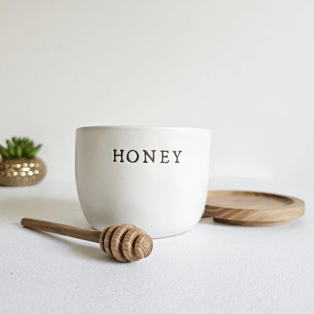 Heart & Hand With Magnolia Stonewear White Honey Jar Acacia Wooden Dipper & Lid